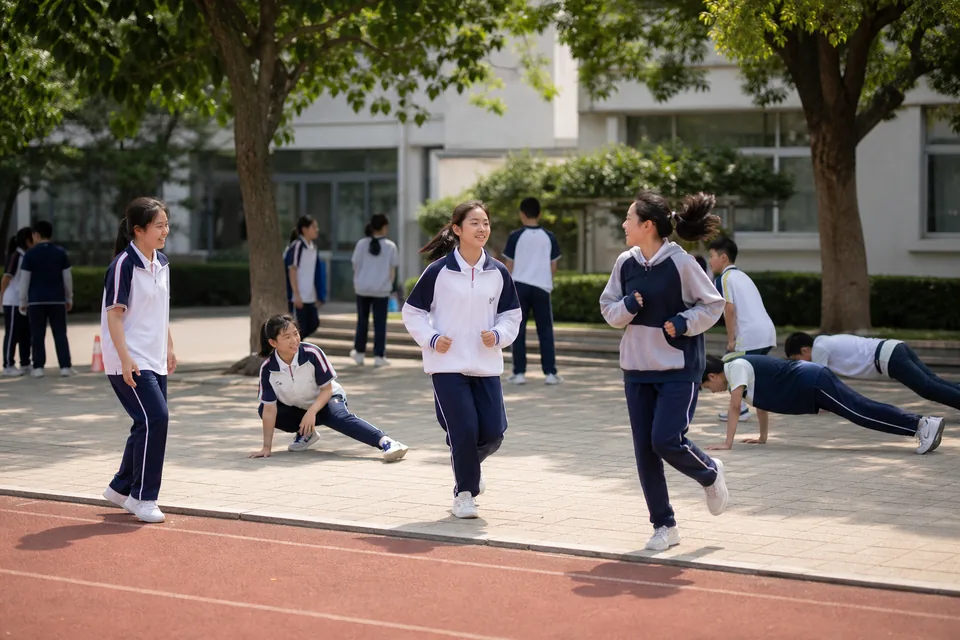 学生在课间自然融入跑步和拉伸等日常体锻