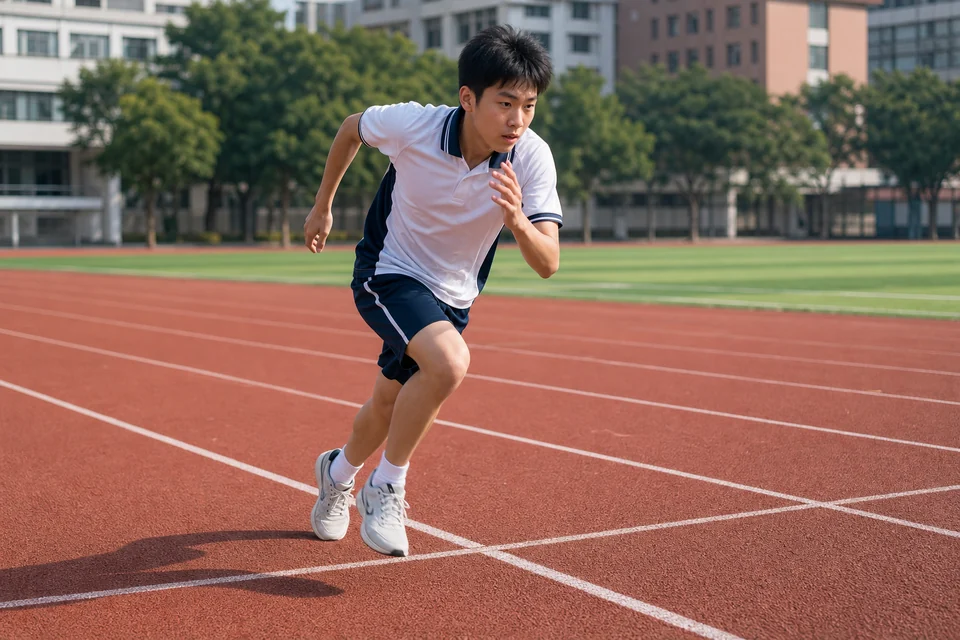 一名学生在校园跑道进行50米自助测试