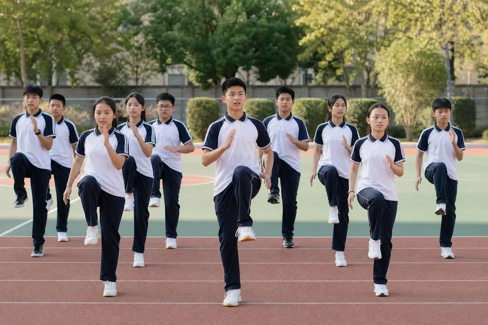 约十名学生在校园跑道同步进行高抬腿练习