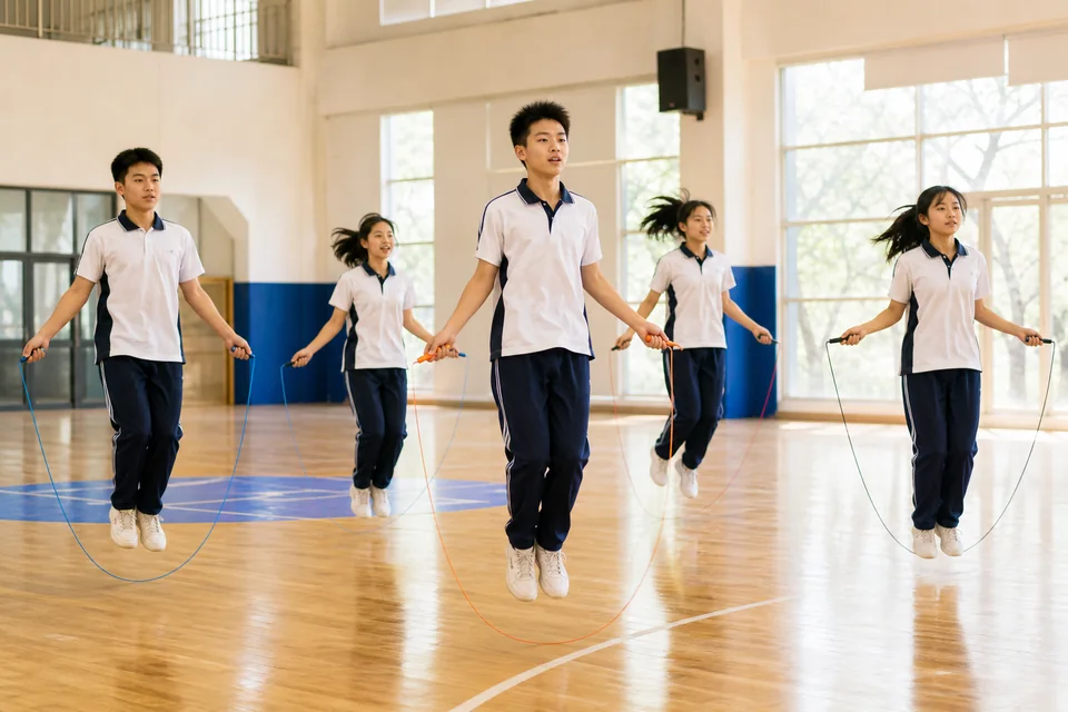 五名学生同时进行跳绳练习
