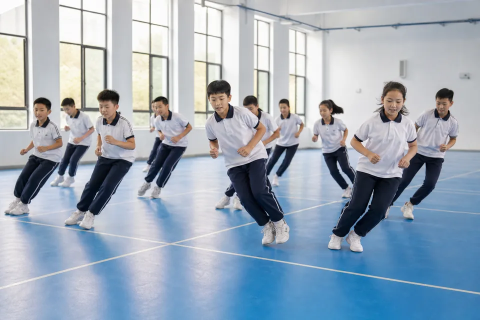 约十名学生在体育馆沿场地线同步进行左右跳练习