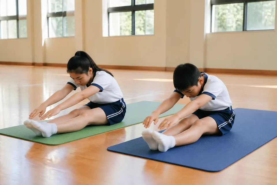 两名学生在体育馆同时进行坐位体前屈练习