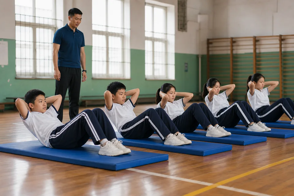 五名学生同时进行仰卧起坐练习