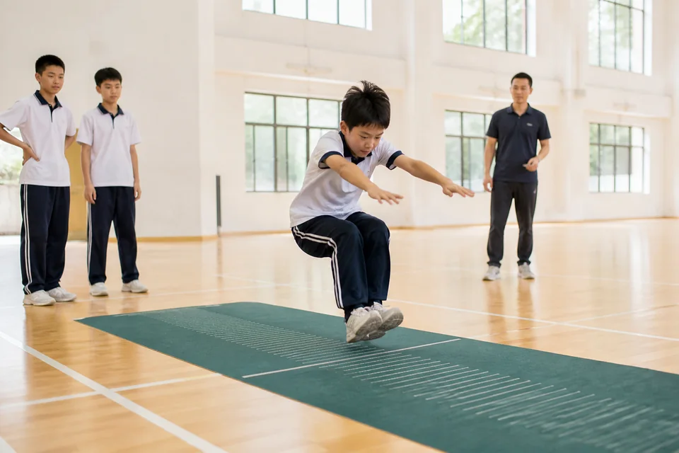 学生进行立定跳远测试