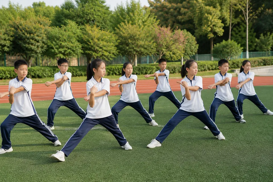 学生在校园运动场同步开展热身拉伸